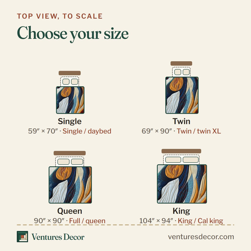 Size guide for the Horse Bold Red And Gold Mane quilt, top view to scale: Single 59 x 70 in, Twin 69 x 90 in, Queen 90 x 90 in, King 104 x 94 in