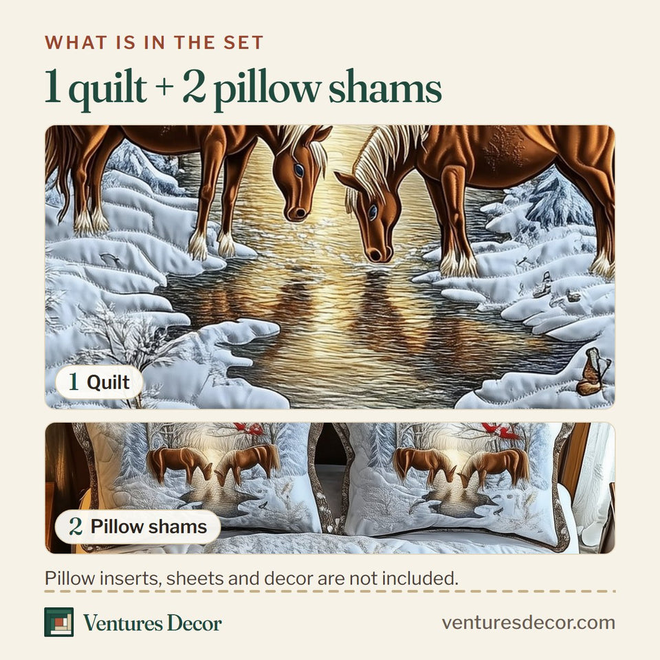 What is in the set: one quilt and two pillow shams, shown in the Horse Couple Winter Frozen Creek Cardinals design