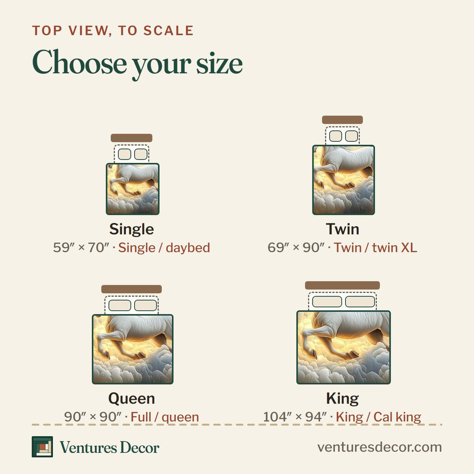 Size guide for the Horse In Heaven Galloping Through Blue Clouds quilt, top view to scale: Single 59 x 70 in, Twin 69 x 90 in, Queen 90 x 90 in, King 104 x 94 in