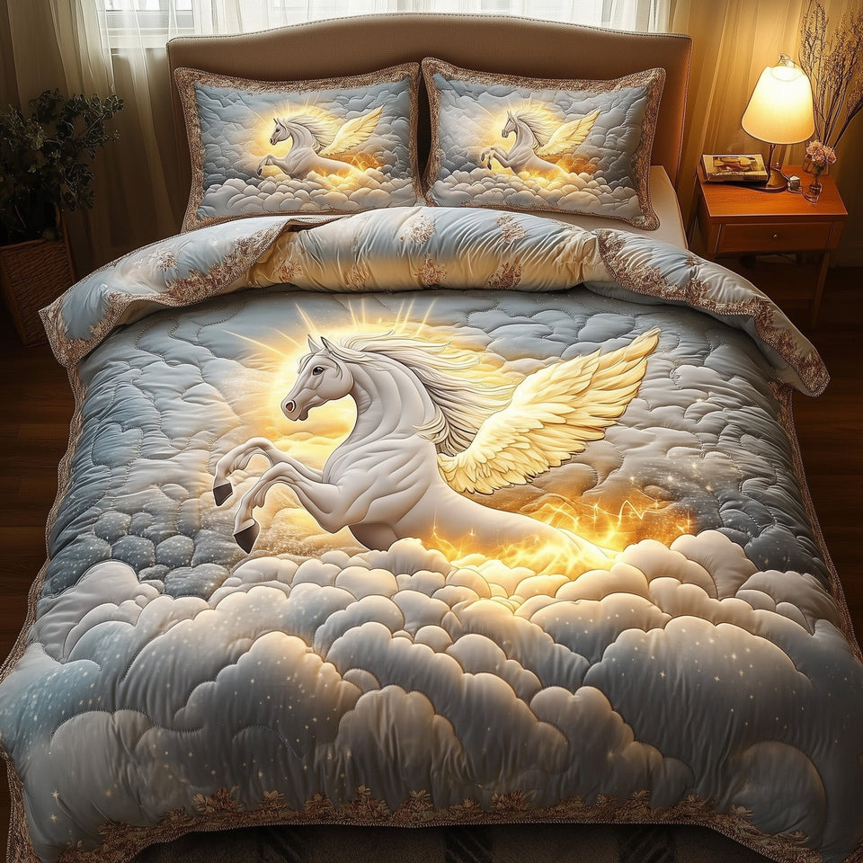 Horse In Heaven Winged Horse Above the Clouds quilted bedding set, quilt and two pillow shams on a made bed