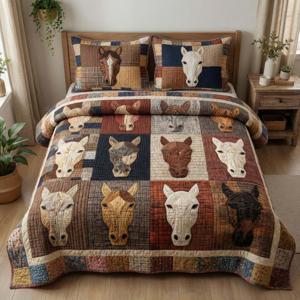Horse Portraits quilted bedding set, quilt and two pillow shams on a made bed
