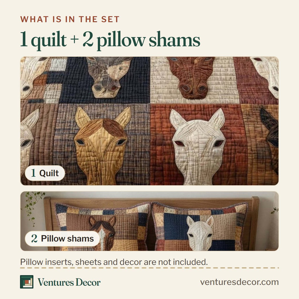 What is in the set: one quilt and two pillow shams, shown in the Horse Portraits design