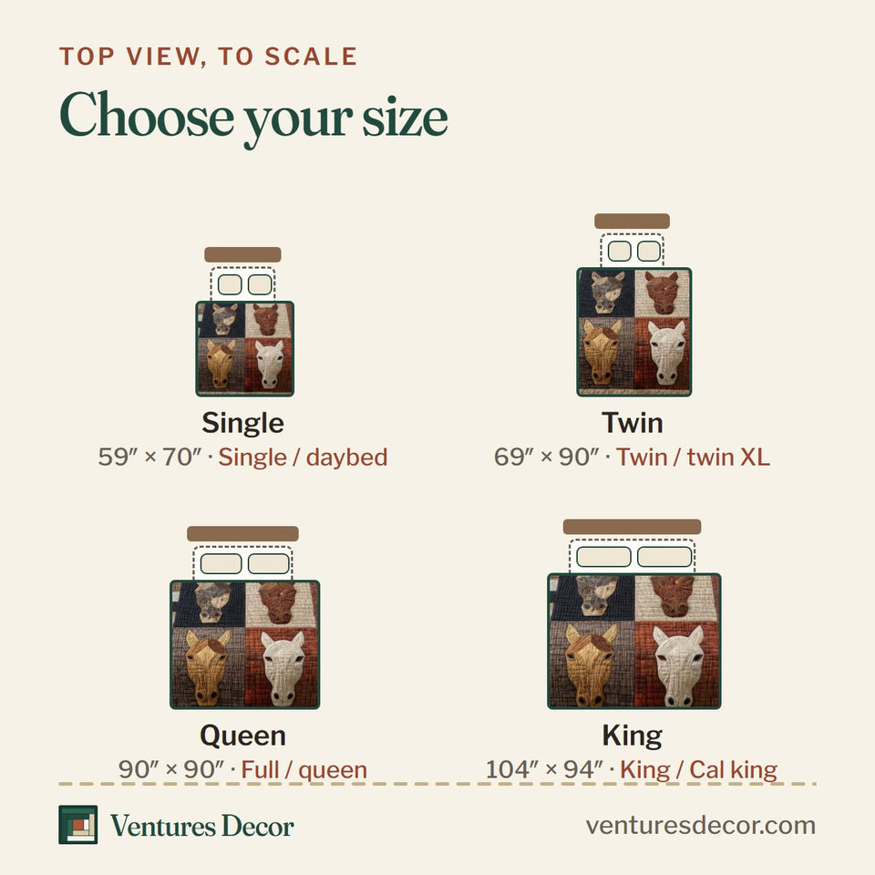 Size guide for the Horse Portraits quilt, top view to scale: Single 59 x 70 in, Twin 69 x 90 in, Queen 90 x 90 in, King 104 x 94 in