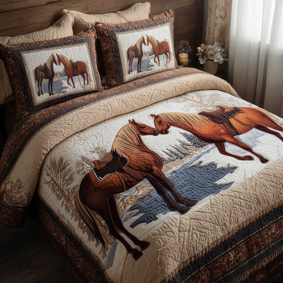 Horse Spirit Cream Snow Gallop quilted bedding set, quilt and two pillow shams on a made bed