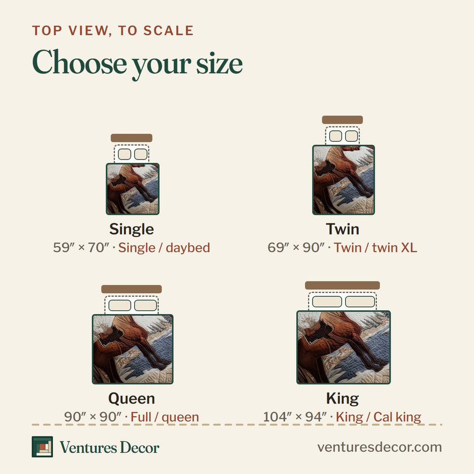 Size guide for the Horse Spirit Cream Snow Gallop quilt, top view to scale: Single 59 x 70 in, Twin 69 x 90 in, Queen 90 x 90 in, King 104 x 94 in
