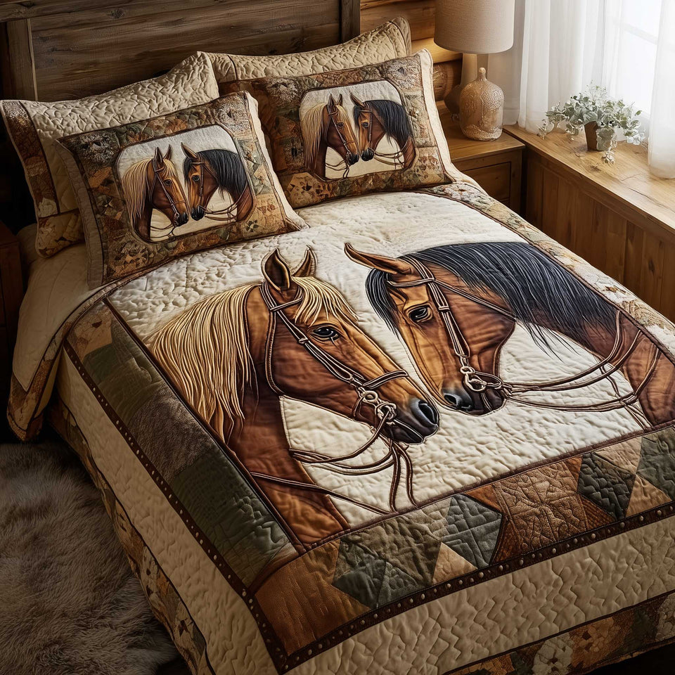 Horse Spirit Olive Patch Pair quilted bedding set, quilt and two pillow shams on a made bed