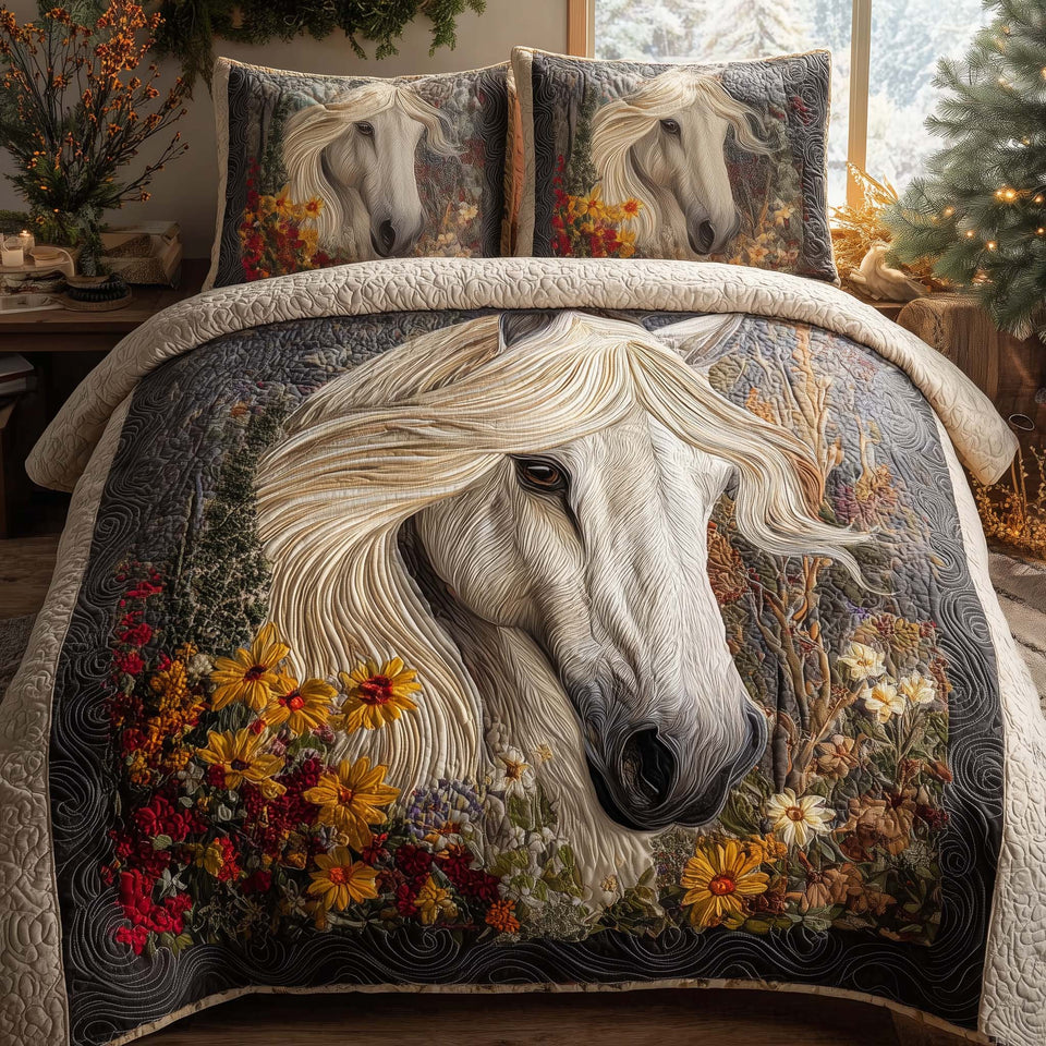 Horse Spirit White Horse Autumn Blooms quilted bedding set, quilt and two pillow shams on a made bed