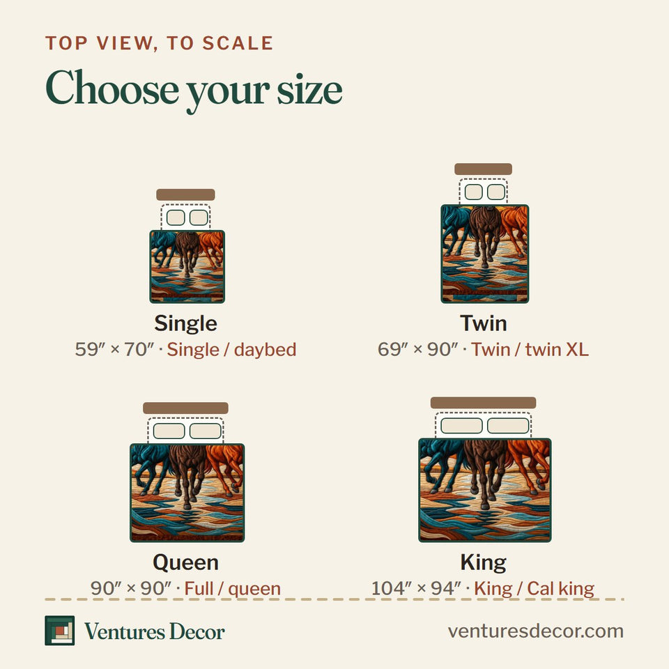 Size guide for the Horse Sunrise quilt, top view to scale: Single 59 x 70 in, Twin 69 x 90 in, Queen 90 x 90 in, King 104 x 94 in