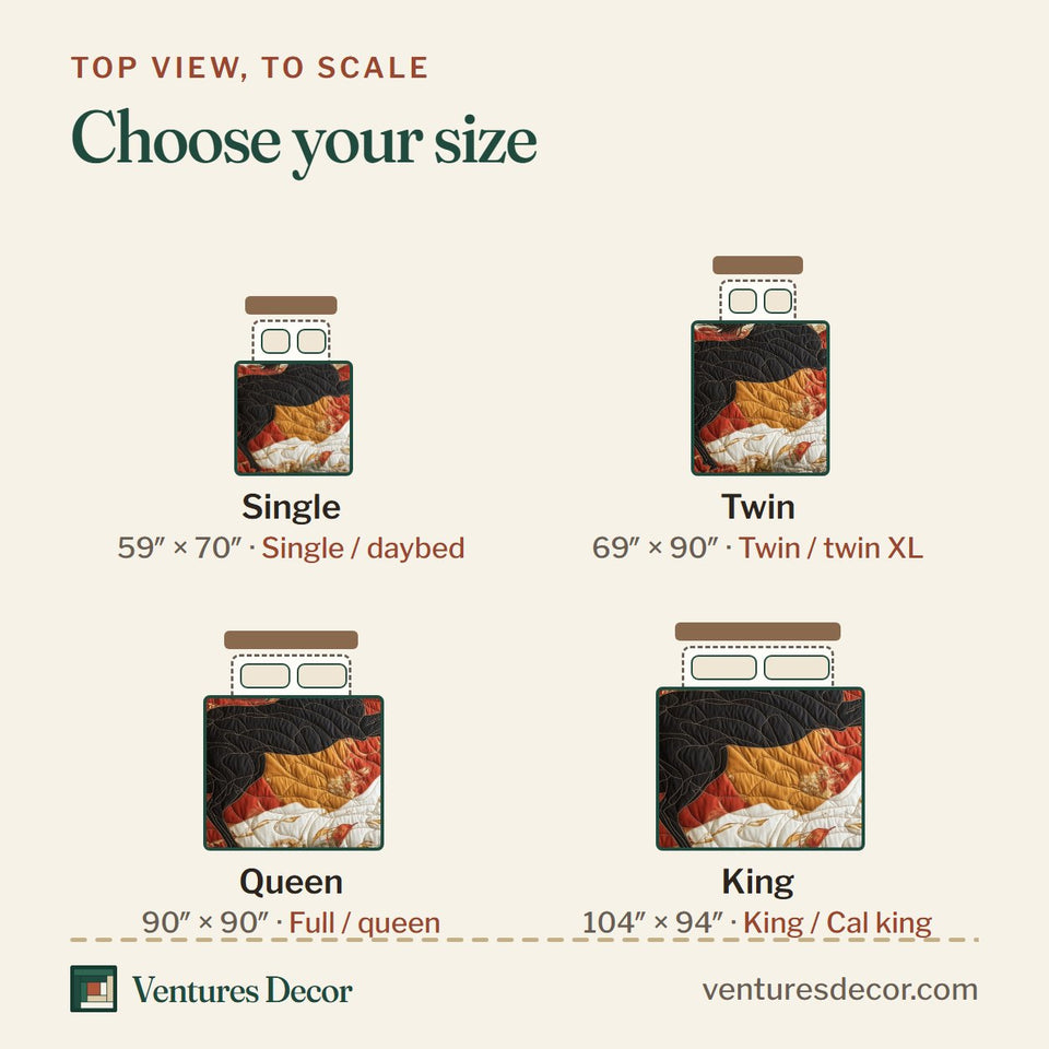 Size guide for the Horses of Fortune Lone Black Stallion quilt, top view to scale: Single 59 x 70 in, Twin 69 x 90 in, Queen 90 x 90 in, King 104 x 94 in