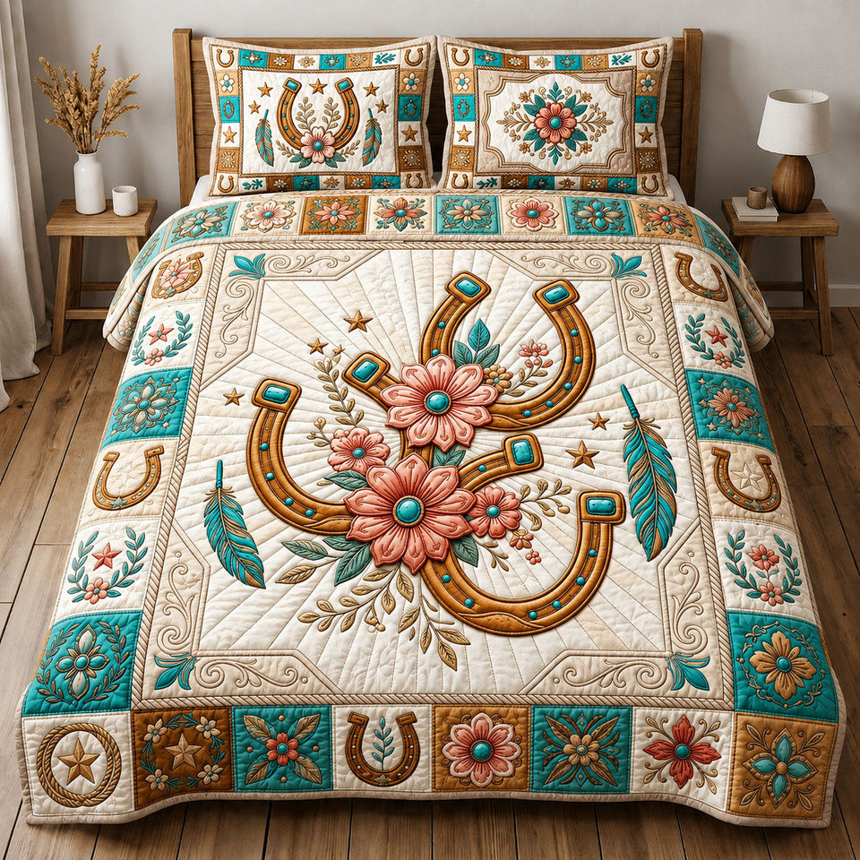 Horseshoe Floral Teal quilted bedding set, quilt and two pillow shams on a made bed