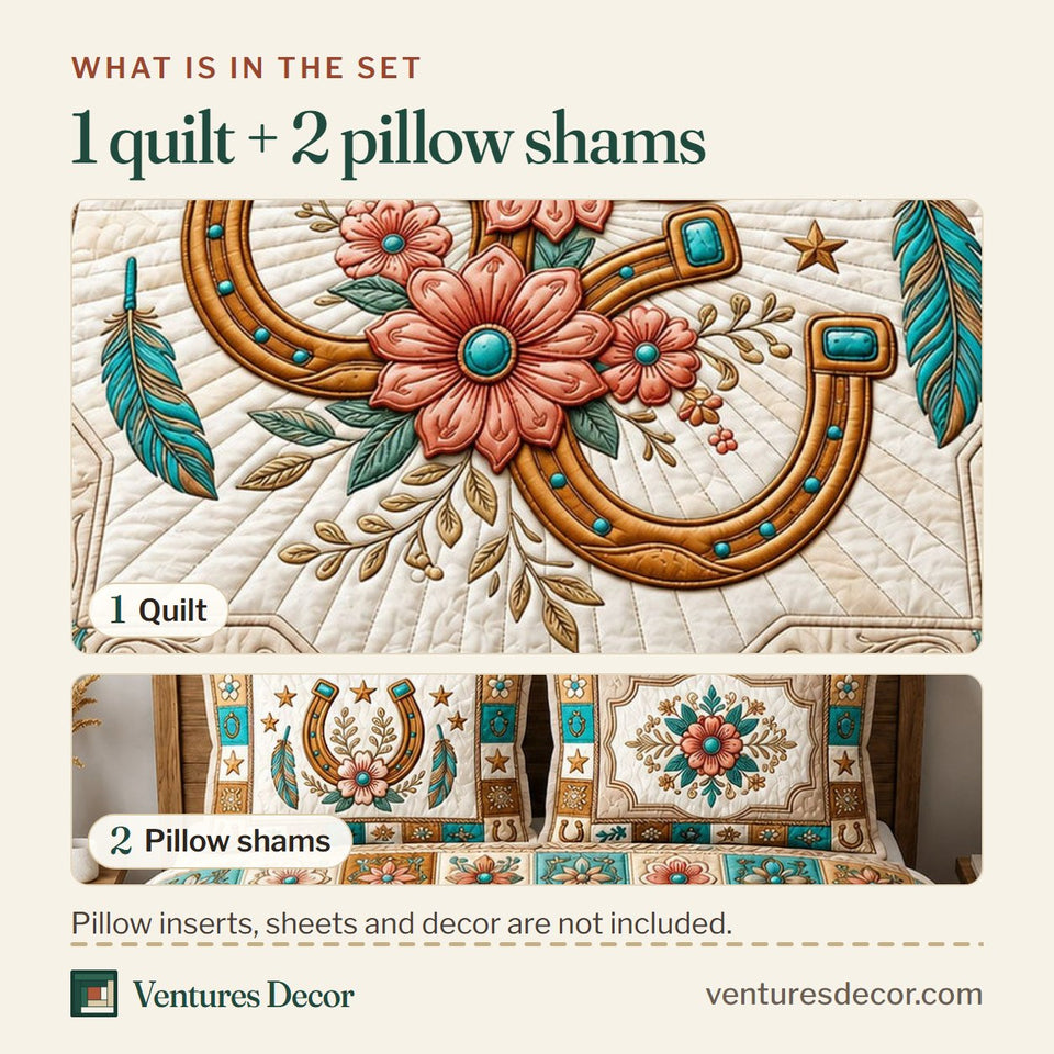 What is in the set: one quilt and two pillow shams, shown in the Horseshoe Floral Teal design