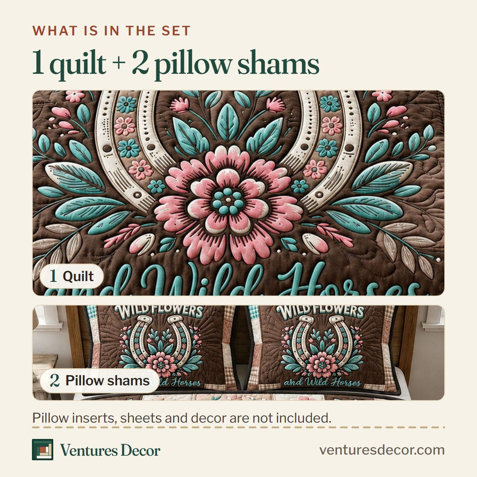 What is in the set: one quilt and two pillow shams, shown in the Horseshoe Wildflower Bloom design