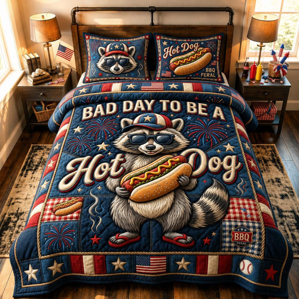 Hot Dog Trouble quilted bedding set, quilt and two pillow shams on a made bed