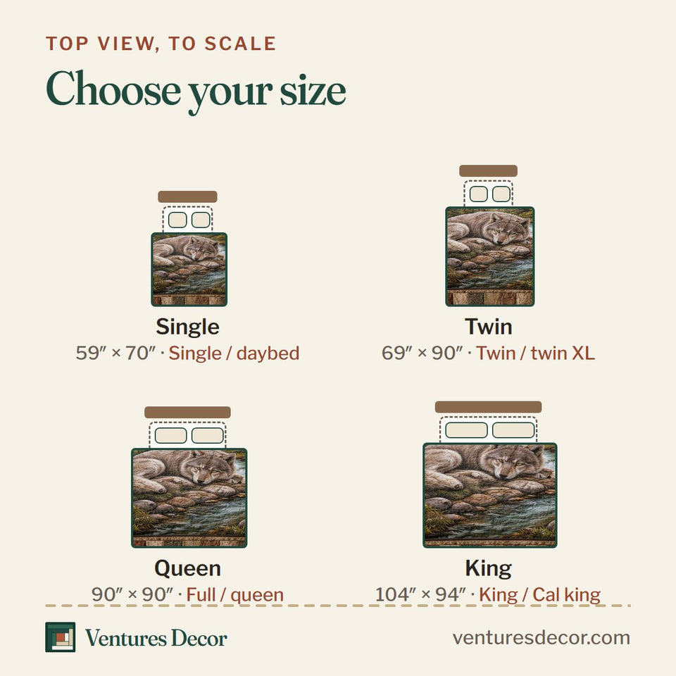Size guide for the Howling Wolf quilt, top view to scale: Single 59 x 70 in, Twin 69 x 90 in, Queen 90 x 90 in, King 104 x 94 in