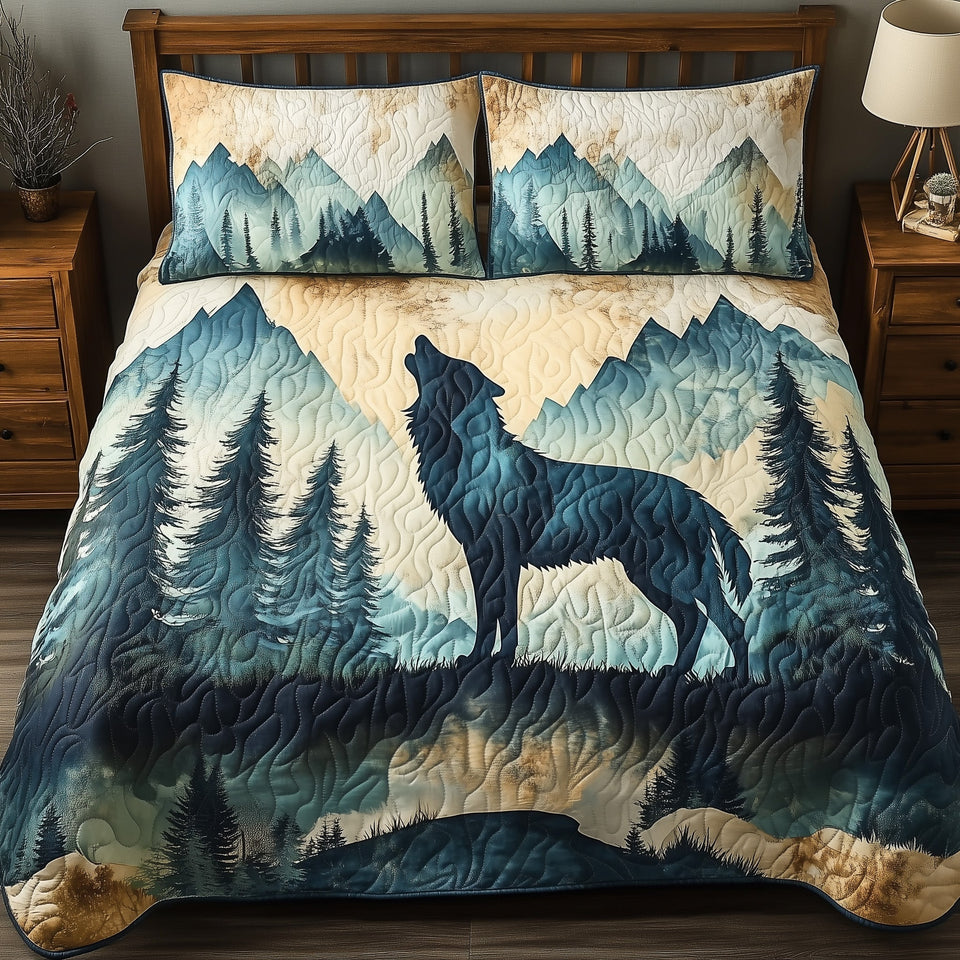 Howling Wolf Timberline quilted bedding set, quilt and two pillow shams on a made bed