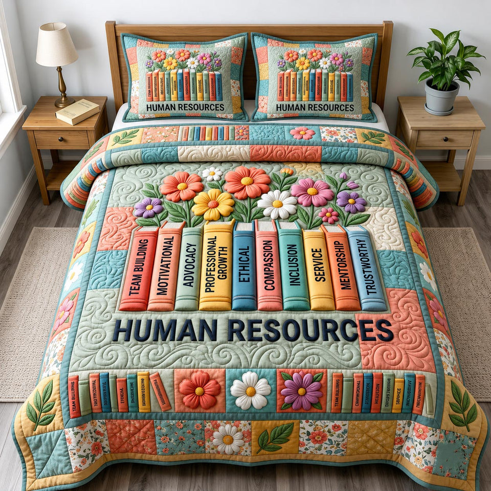 Human Resources Bookshelf quilted bedding set, quilt and two pillow shams on a made bed