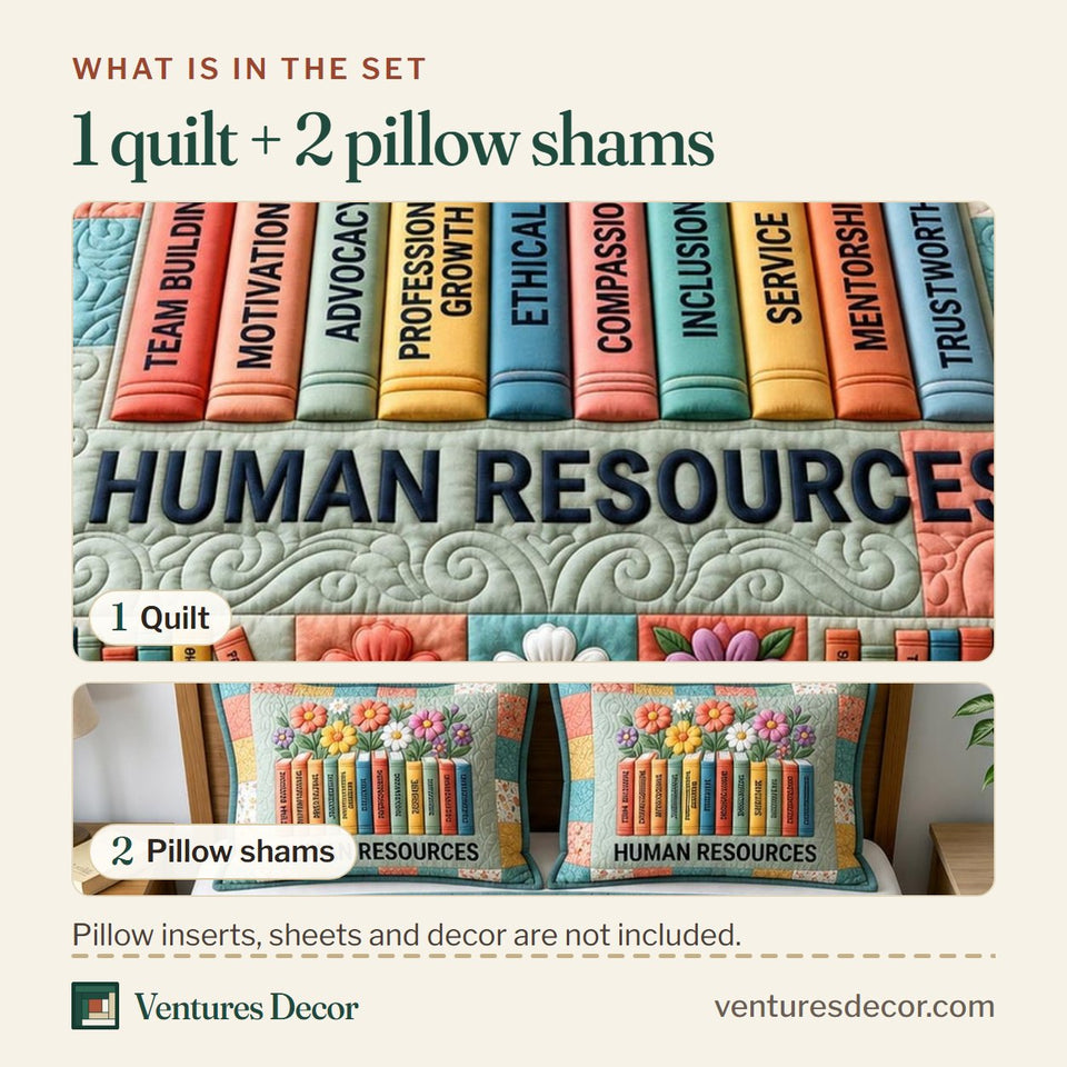 What is in the set: one quilt and two pillow shams, shown in the Human Resources Bookshelf design
