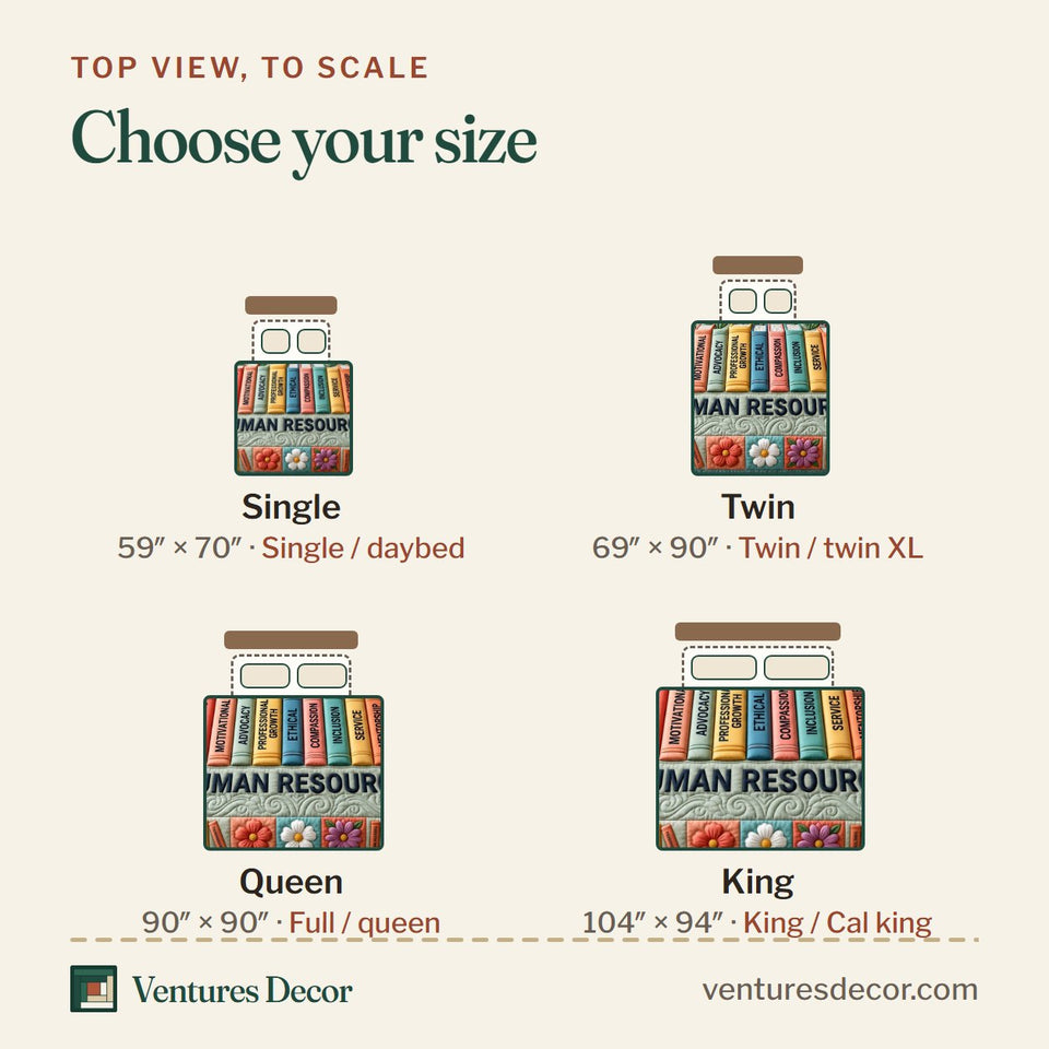 Size guide for the Human Resources Bookshelf quilt, top view to scale: Single 59 x 70 in, Twin 69 x 90 in, Queen 90 x 90 in, King 104 x 94 in