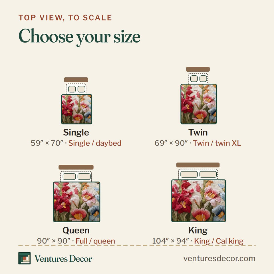 Size guide for the Hummingbird Blooms quilt, top view to scale: Single 59 x 70 in, Twin 69 x 90 in, Queen 90 x 90 in, King 104 x 94 in