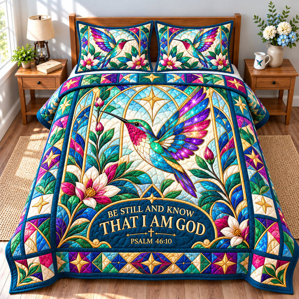Hummingbird Blossom Grace quilted bedding set, quilt and two pillow shams on a made bed