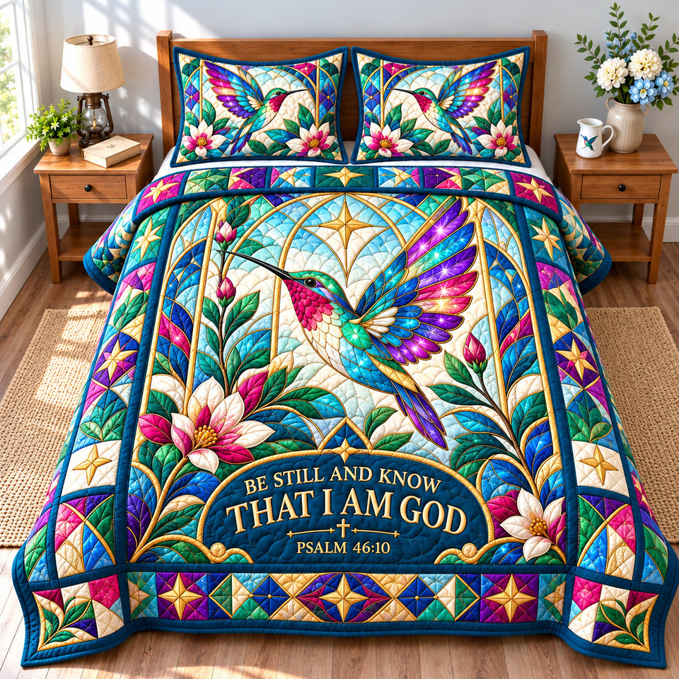 Hummingbird Blossom Grace quilted bedding set, quilt and two pillow shams on a made bed