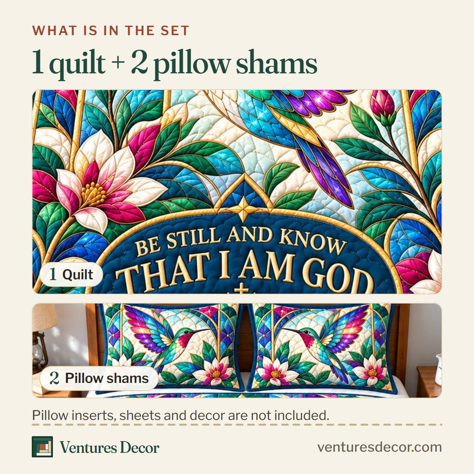 What is in the set: one quilt and two pillow shams, shown in the Hummingbird Blossom Grace Quilt Set, 3-Piece Quilted Bedding with 2 Pillow Shams design