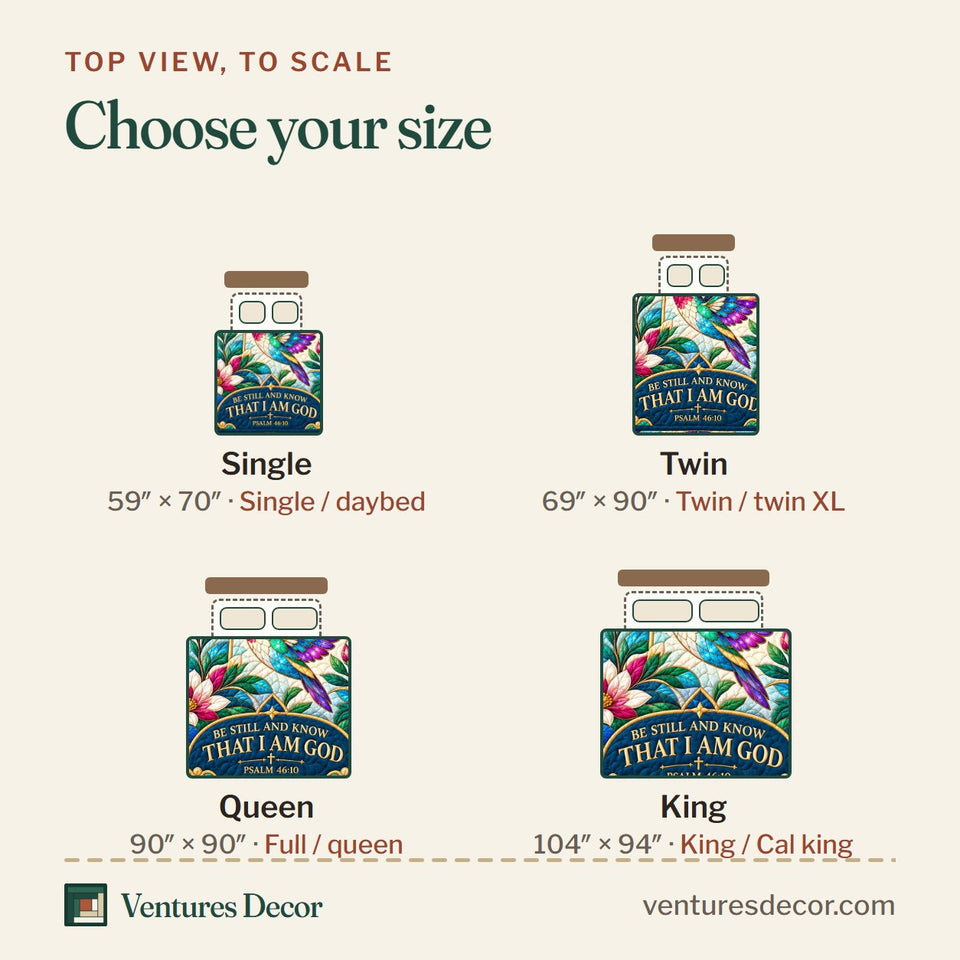Size guide for the Hummingbird Blossom Grace Quilt Set, 3-Piece Quilted Bedding with 2 Pillow Shams quilt, top view to scale: Single 59 x 70 in, Twin 69 x 90 in, Queen 90 x 90 in, King 104 x 94 in