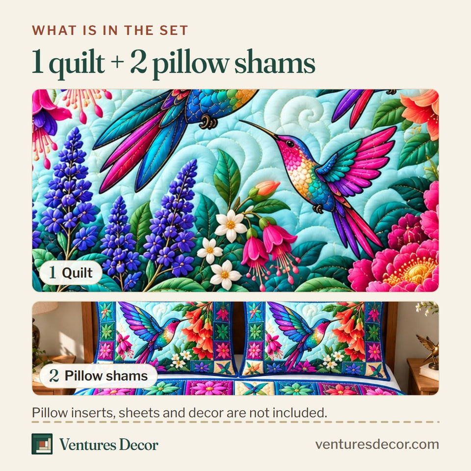 What is in the set: one quilt and two pillow shams, shown in the Hummingbird Blossom Haven Quilt Set, 3-Piece Quilted Bedding with 2 Pillow Shams design