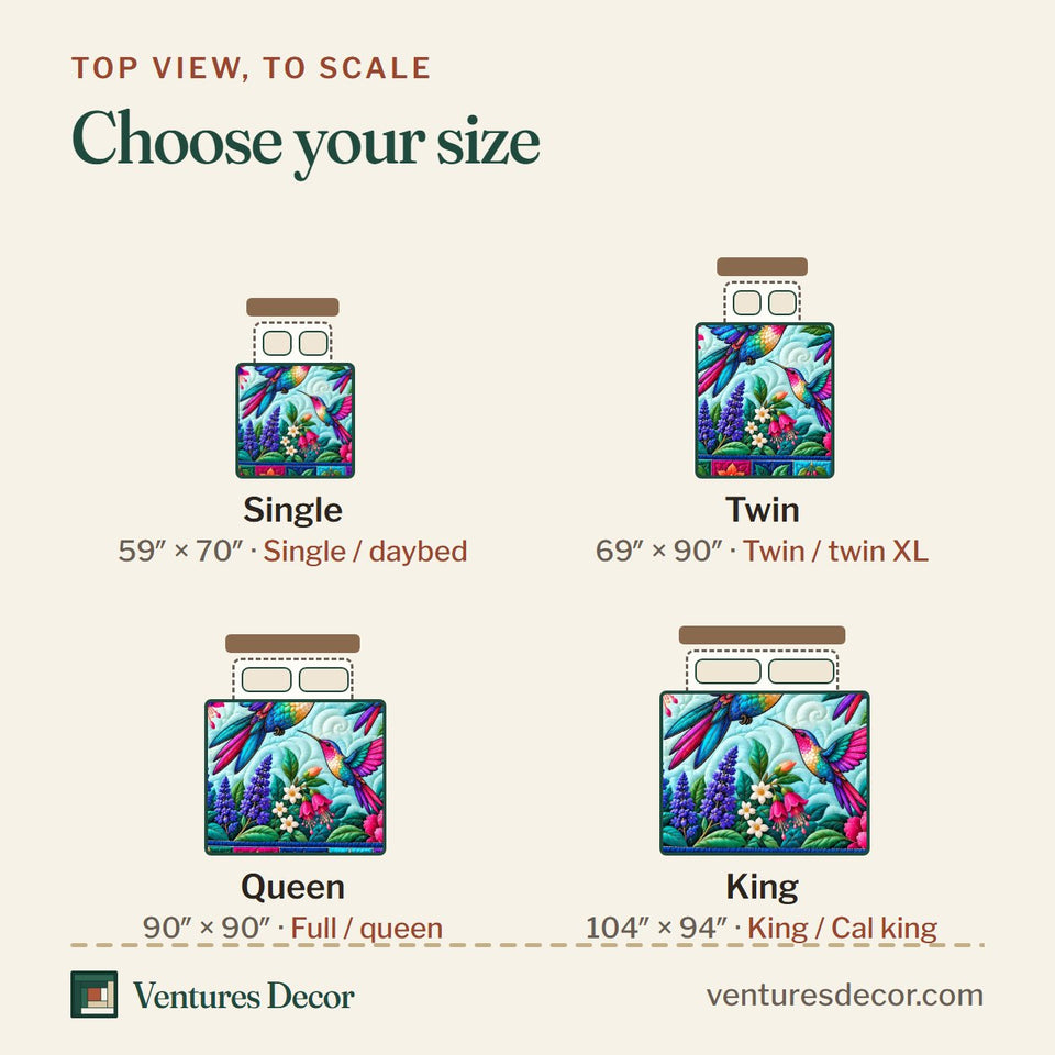 Size guide for the Hummingbird Blossom Haven Quilt Set, 3-Piece Quilted Bedding with 2 Pillow Shams quilt, top view to scale: Single 59 x 70 in, Twin 69 x 90 in, Queen 90 x 90 in, King 104 x 94 in