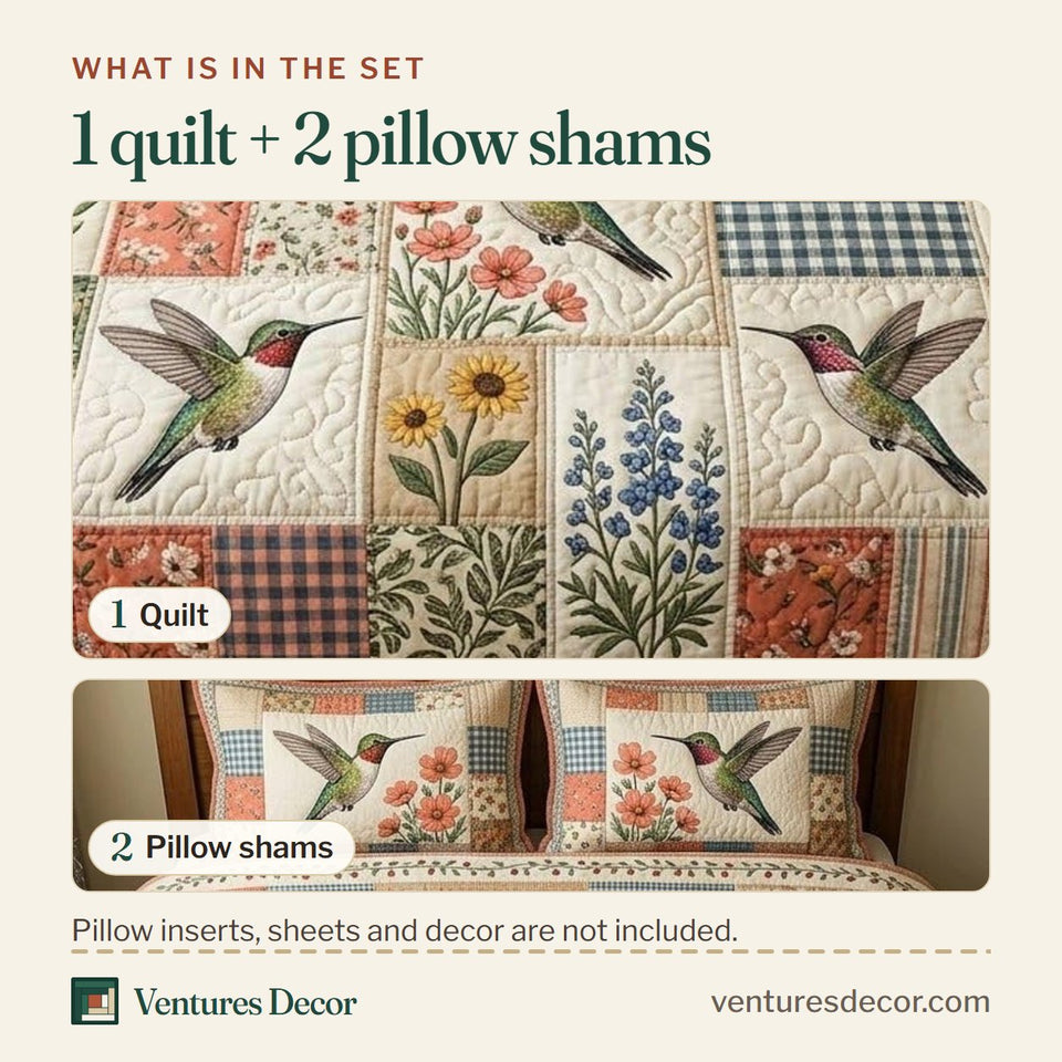 What is in the set: one quilt and two pillow shams, shown in the Hummingbird Cottage Sampler design