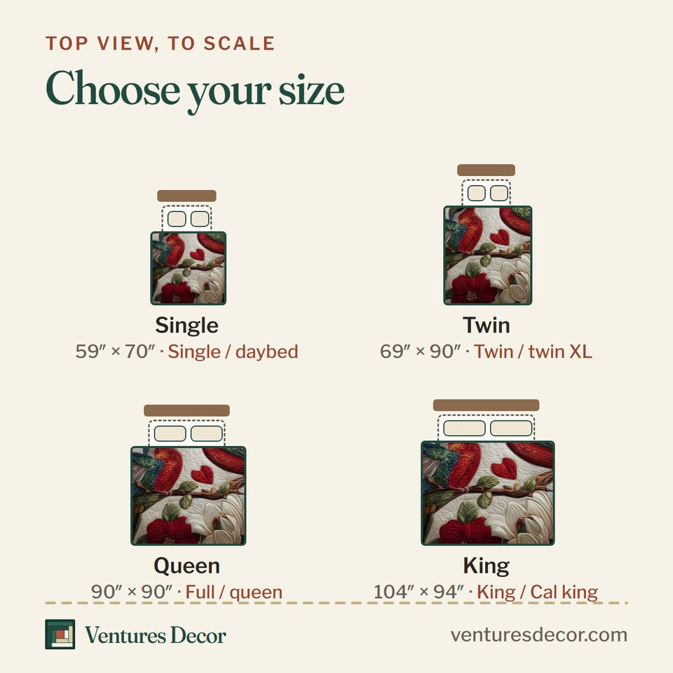 Size guide for the Hummingbird Embrace Red Blossoms on Cream quilt, top view to scale: Single 59 x 70 in, Twin 69 x 90 in, Queen 90 x 90 in, King 104 x 94 in