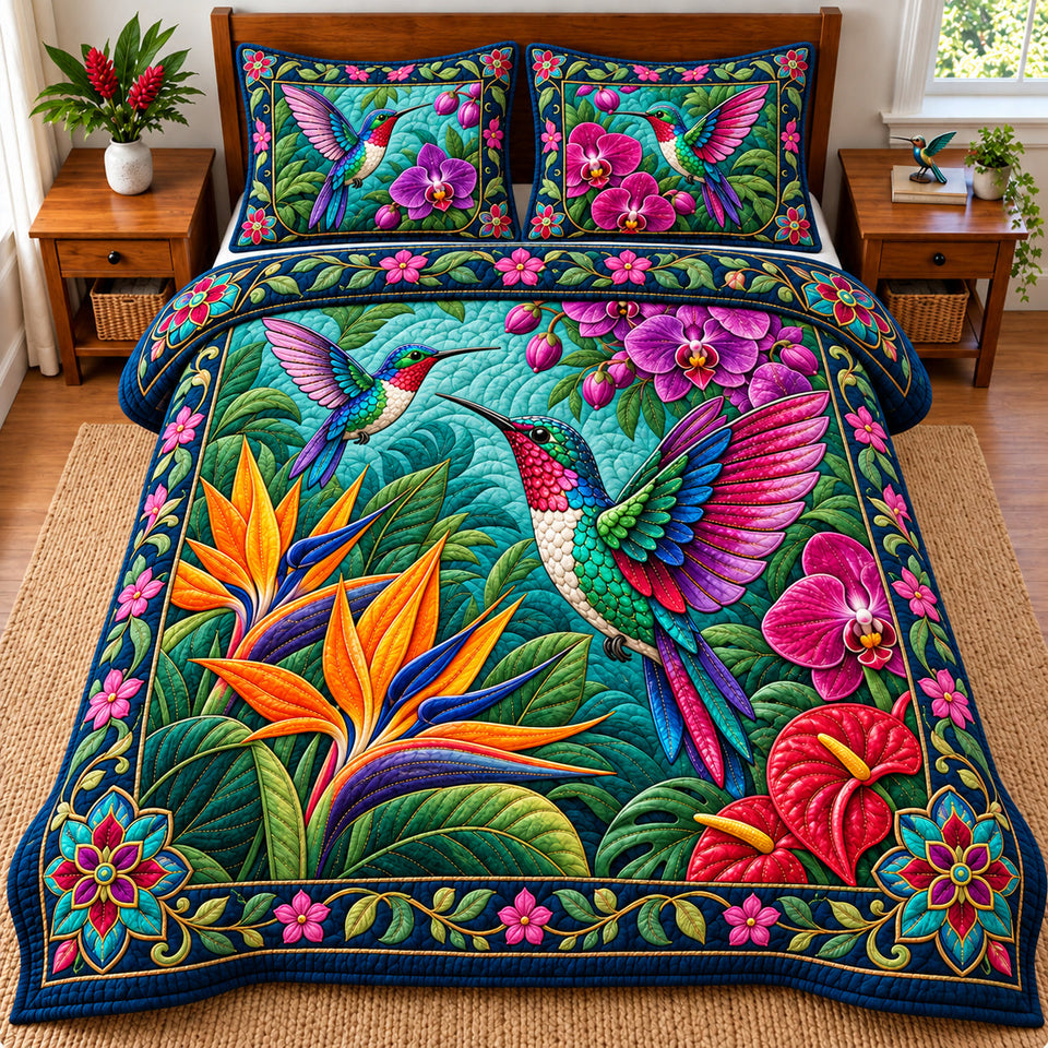 Hummingbird Enchanted Meadow quilted bedding set, quilt and two pillow shams on a made bed