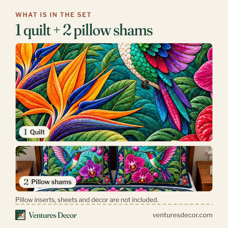 What is in the set: one quilt and two pillow shams, shown in the Hummingbird Enchanted Meadow Quilt Set, 3-Piece Quilted Bedding with 2 Pillow Shams design