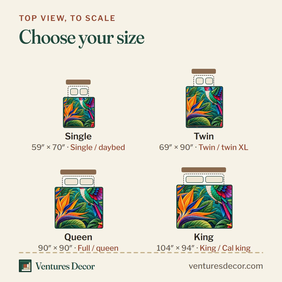 Size guide for the Hummingbird Enchanted Meadow Quilt Set, 3-Piece Quilted Bedding with 2 Pillow Shams quilt, top view to scale: Single 59 x 70 in, Twin 69 x 90 in, Queen 90 x 90 in, King 104 x 94 in