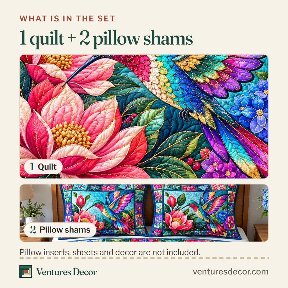 What is in the set: one quilt and two pillow shams, shown in the Hummingbird Floral Glow Quilt Set, 3-Piece Quilted Bedding with 2 Pillow Shams design