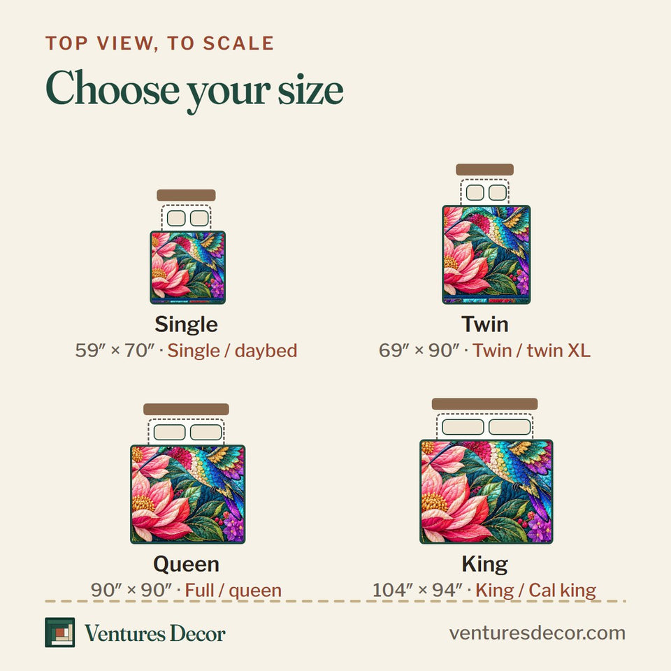 Size guide for the Hummingbird Floral Glow Quilt Set, 3-Piece Quilted Bedding with 2 Pillow Shams quilt, top view to scale: Single 59 x 70 in, Twin 69 x 90 in, Queen 90 x 90 in, King 104 x 94 in