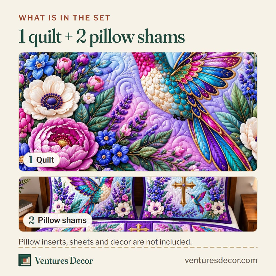 What is in the set: one quilt and two pillow shams, shown in the Hummingbird Floral Haven Quilt Set, 3-Piece Quilted Bedding with 2 Pillow Shams design
