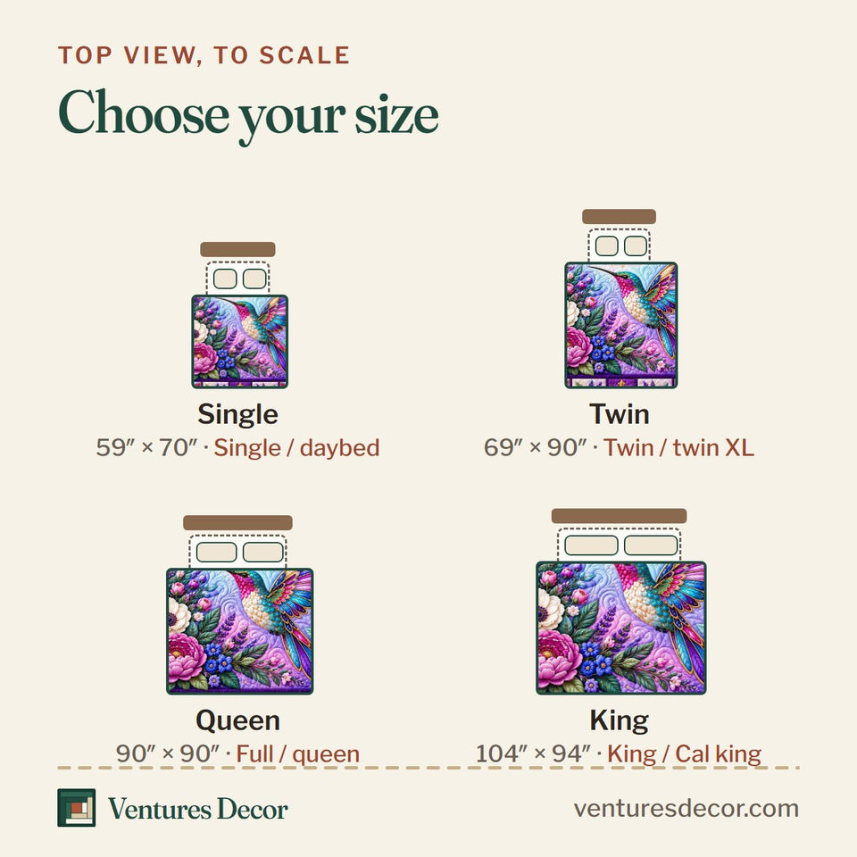 Size guide for the Hummingbird Floral Haven Quilt Set, 3-Piece Quilted Bedding with 2 Pillow Shams quilt, top view to scale: Single 59 x 70 in, Twin 69 x 90 in, Queen 90 x 90 in, King 104 x 94 in