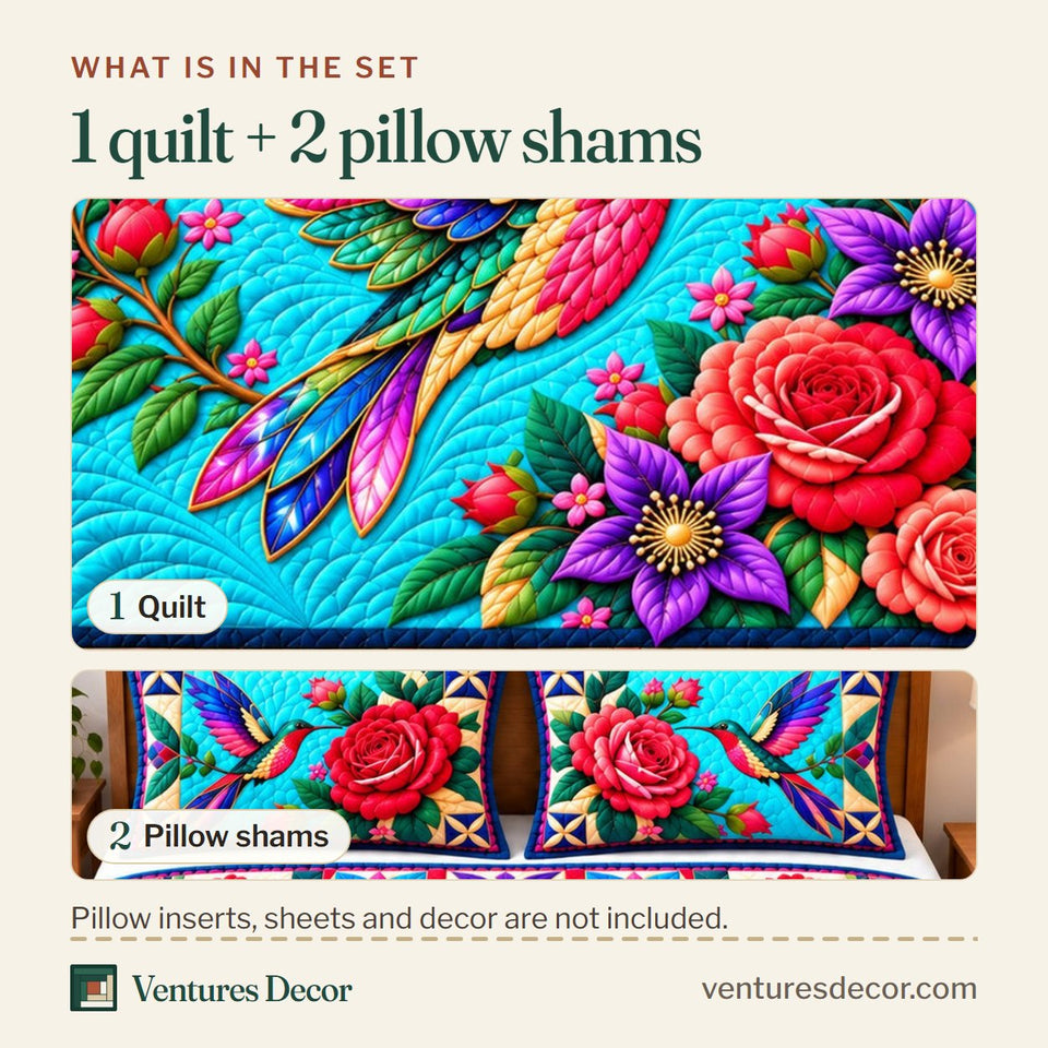 What is in the set: one quilt and two pillow shams, shown in the Hummingbird Garden Dance Quilt Set, 3-Piece Quilted Bedding with 2 Pillow Shams design