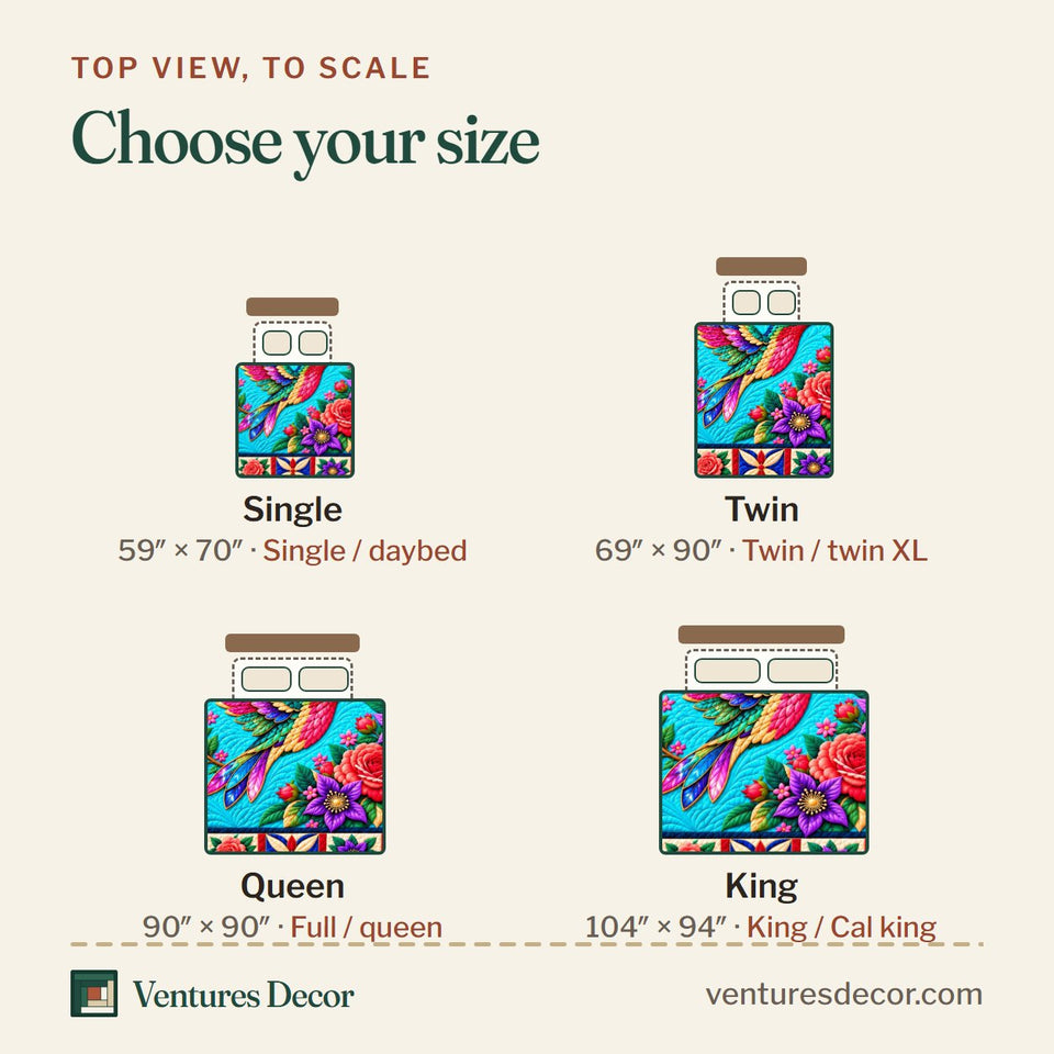 Size guide for the Hummingbird Garden Dance Quilt Set, 3-Piece Quilted Bedding with 2 Pillow Shams quilt, top view to scale: Single 59 x 70 in, Twin 69 x 90 in, Queen 90 x 90 in, King 104 x 94 in
