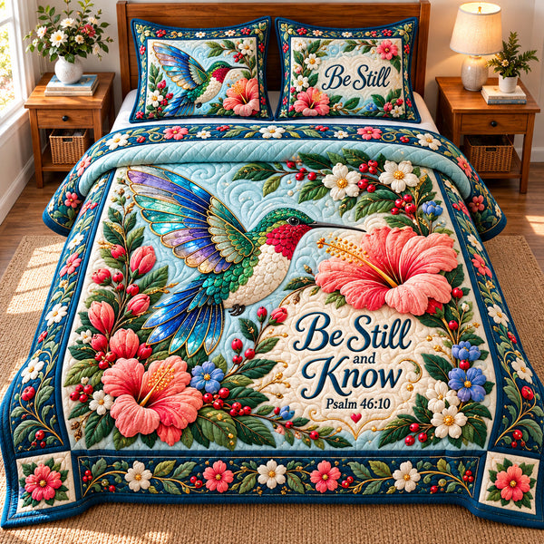 Hummingbird Garden Glow quilted bedding set, quilt and two pillow shams on a made bed