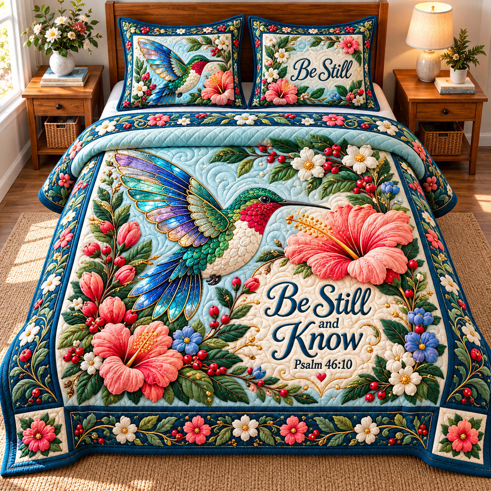 Hummingbird Garden Glow quilted bedding set, quilt and two pillow shams on a made bed