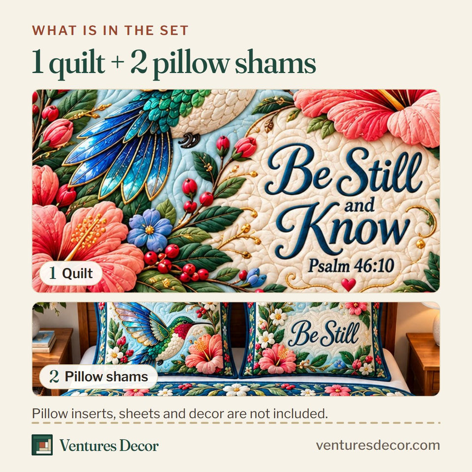 What is in the set: one quilt and two pillow shams, shown in the Hummingbird Garden Glow Quilt Set, 3-Piece Quilted Bedding with 2 Pillow Shams design