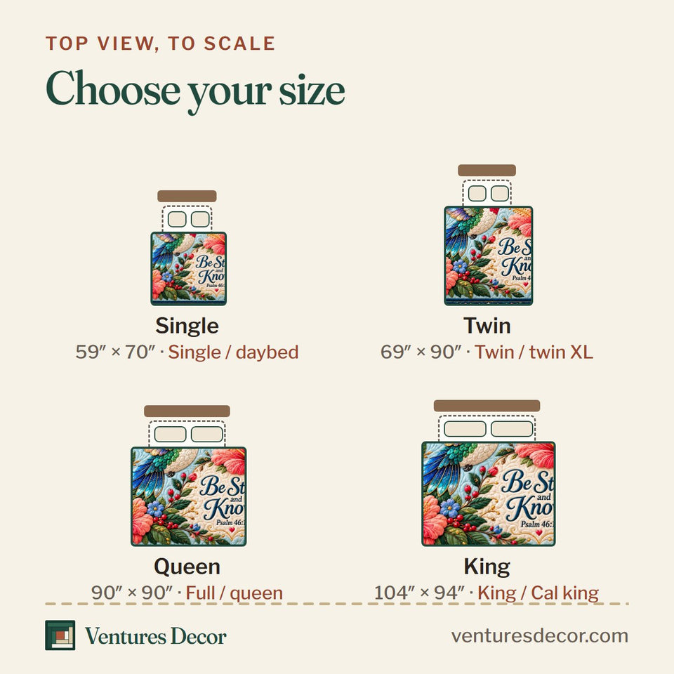 Size guide for the Hummingbird Garden Glow Quilt Set, 3-Piece Quilted Bedding with 2 Pillow Shams quilt, top view to scale: Single 59 x 70 in, Twin 69 x 90 in, Queen 90 x 90 in, King 104 x 94 in