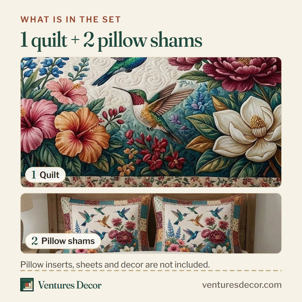 What is in the set: one quilt and two pillow shams, shown in the Hummingbird Grove Blossoms design