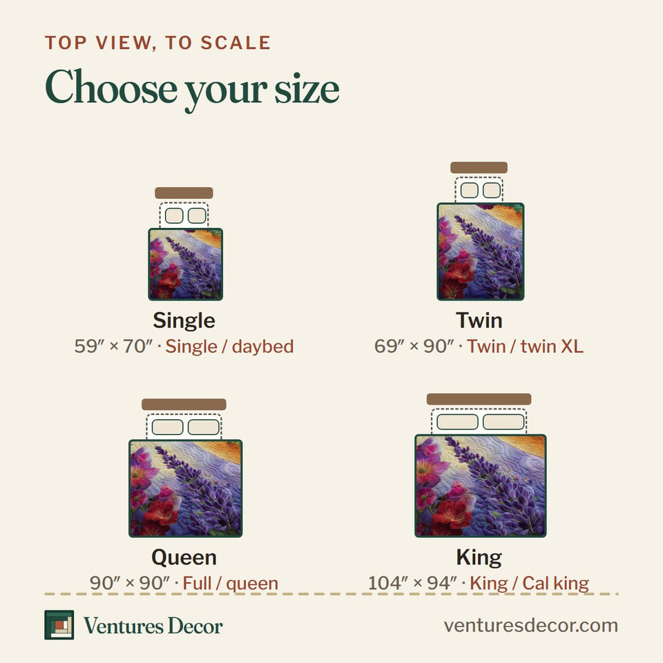 Size guide for the Hummingbird Haven Lavender Field quilt, top view to scale: Single 59 x 70 in, Twin 69 x 90 in, Queen 90 x 90 in, King 104 x 94 in