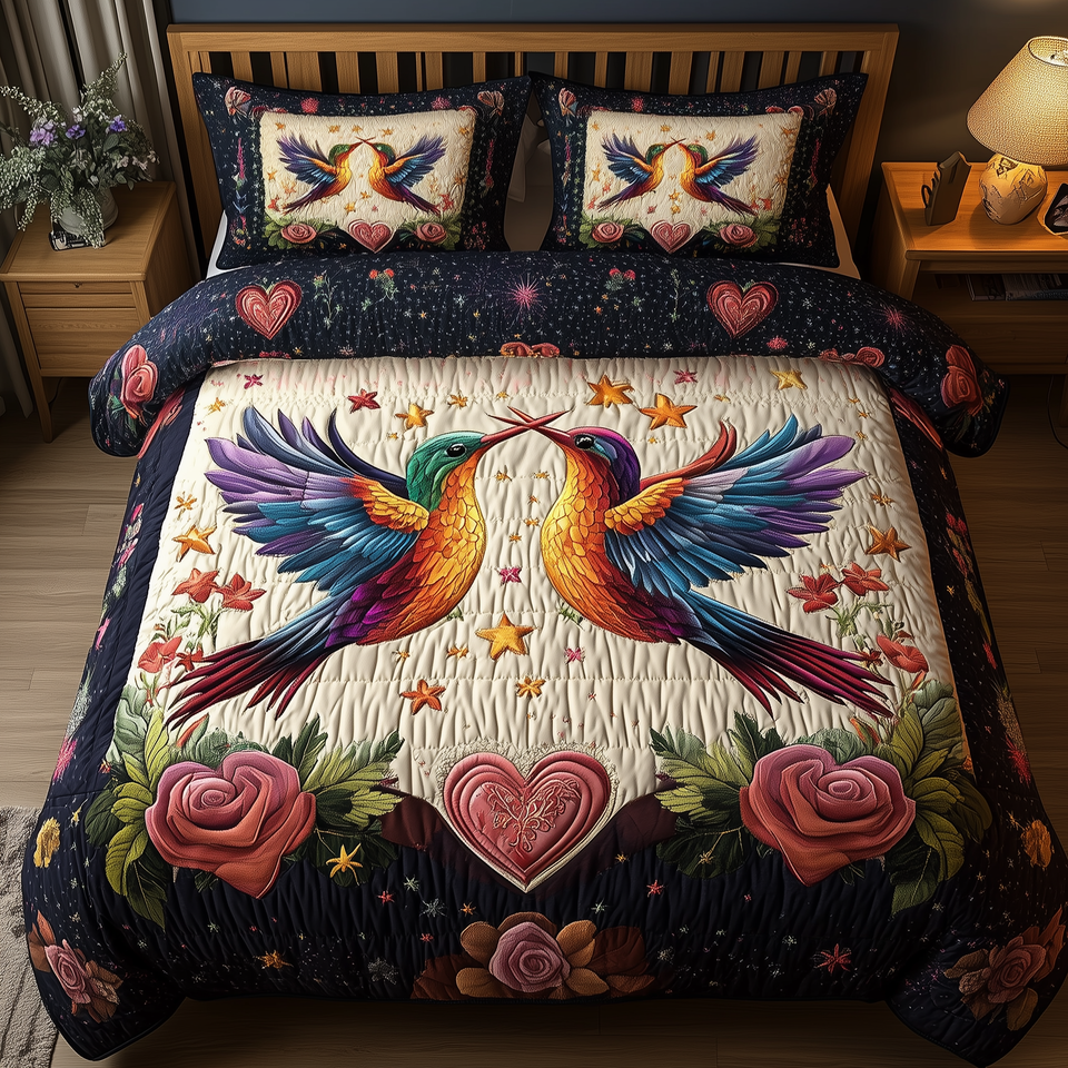 Hummingbird Heartstrings quilted bedding set, quilt and two pillow shams on a made bed