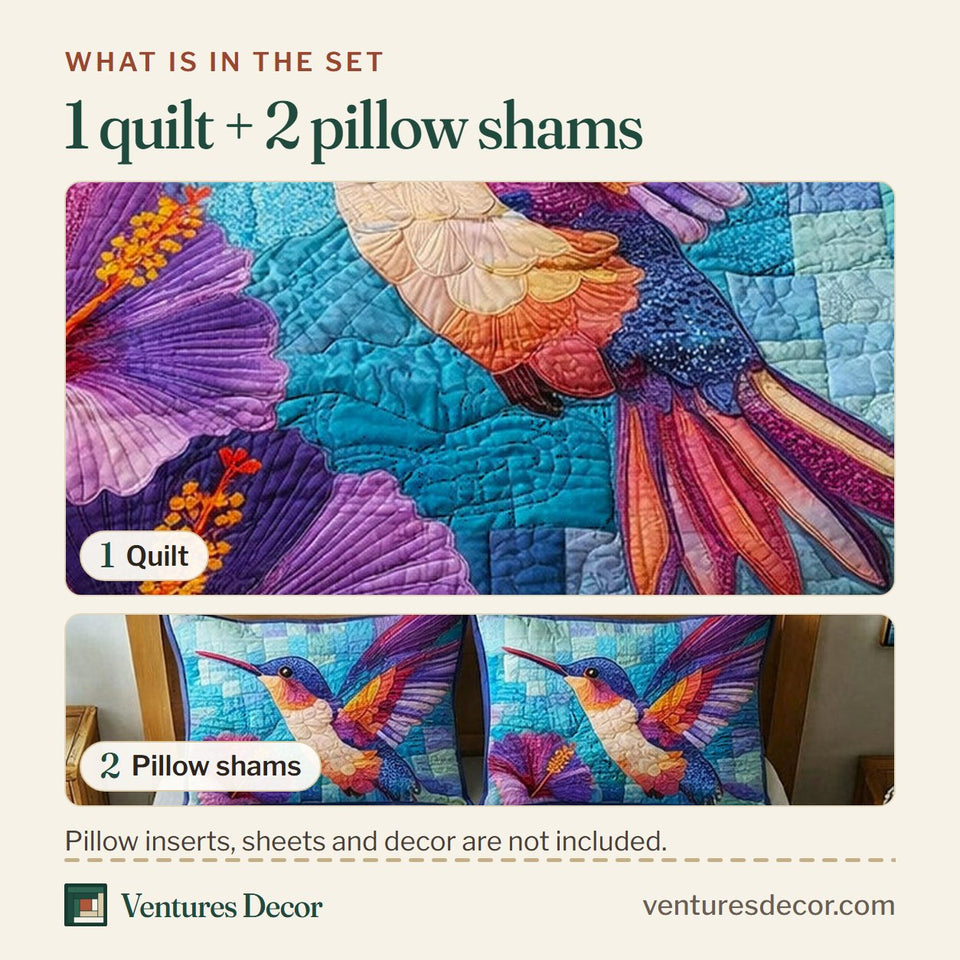What is in the set: one quilt and two pillow shams, shown in the Hummingbird Hibiscus Splash design