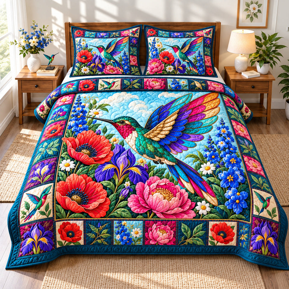Hummingbird Jewel Garden quilted bedding set, quilt and two pillow shams on a made bed