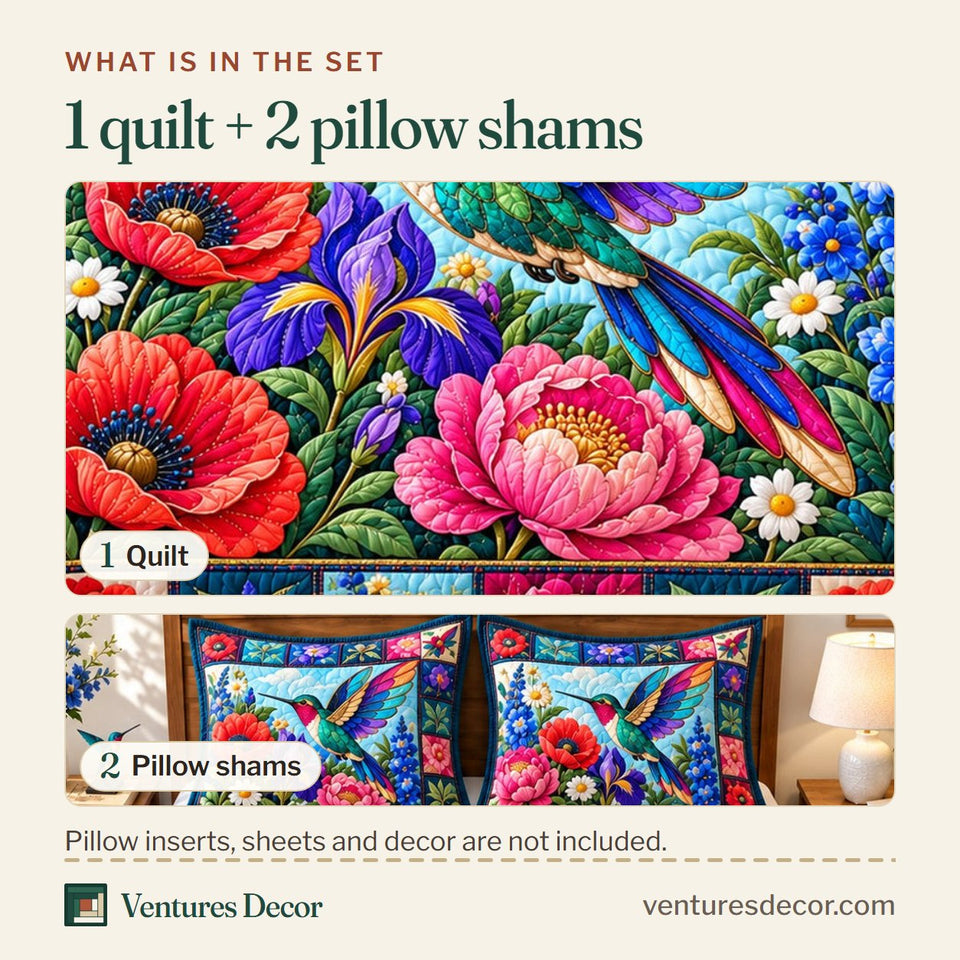 What is in the set: one quilt and two pillow shams, shown in the Hummingbird Jewel Garden Quilt Set, 3-Piece Quilted Bedding with 2 Pillow Shams design